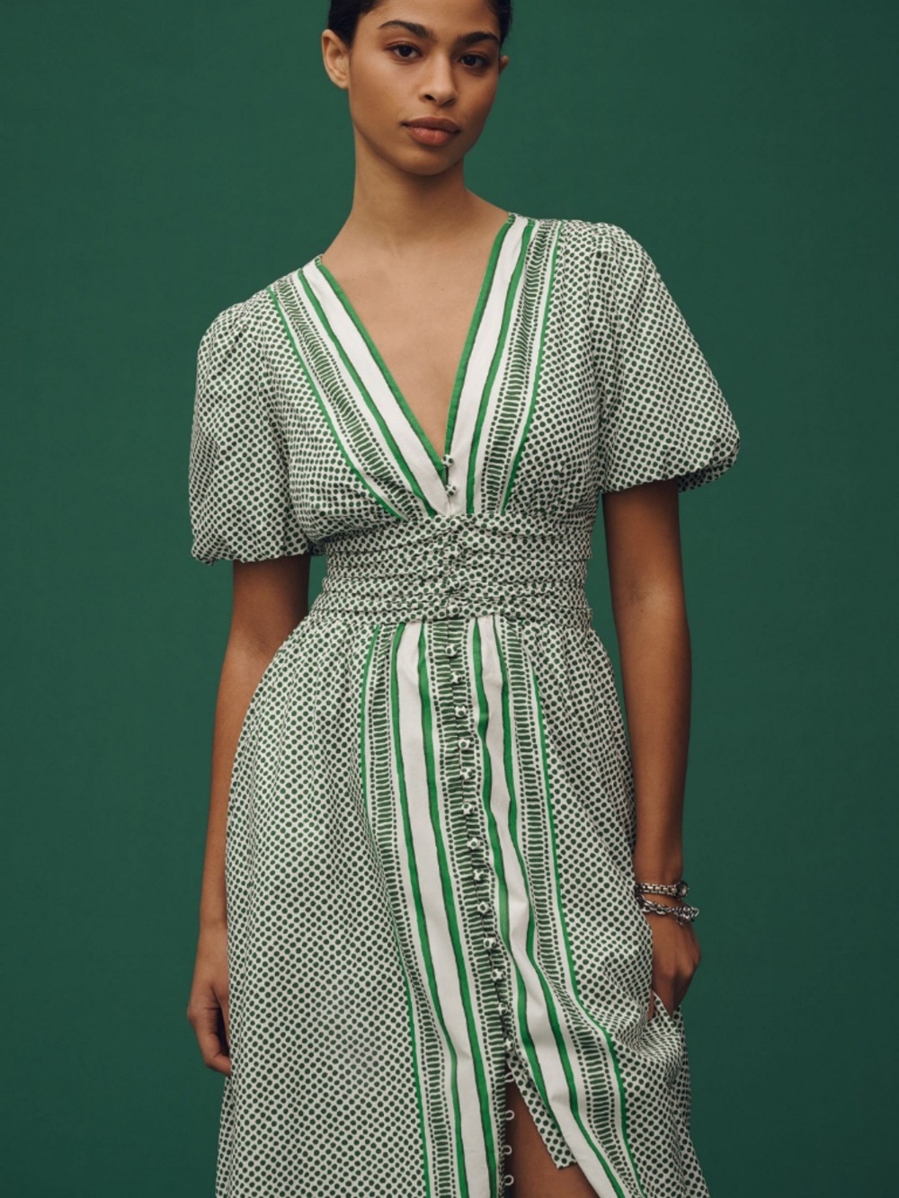 Anthropologie Green & White Patterned Maxi Dress